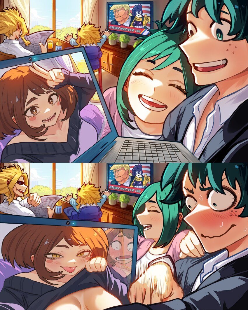 3girls 5boys absurdres american_flag arms_up baby_bottle black_jacket black_sweater blonde_hair blue_eyes blush blush_stickers boku_no_hero_academia bottle breasts brothers brown_eyes brown_hair bulging_eyes cardigan character_request closed_eyes closed_mouth clothes_lift collarbone computer day donald_trump embarrassed english_text flashing freckles frown ghost gloves green_eyes green_hair half-siblings hand_on_another&#039;s_shoulder highres holding holding_laptop holding_newspaper if_they_mated indoors jacket laptop lifting_own_clothes looking_at_another looking_back lower_teeth_only medium_breasts midoriya_inko midoriya_izuku mineta_minoru motion_lines multiple_boys multiple_girls nervous_sweating newspaper no_bra off-shoulder_sweater off_shoulder open_clothes open_mouth open_shirt partially_unbuttoned pink_cardigan plant possessed possession potted_plant reading real_life shirt short_hair siblings sleeves_past_wrists smile spanish_commentary surprised sweat sweater sweater_lift teeth television thumbs_up toga_himiko tongue tongue_out tsurime turning_head upper_teeth_only uraraka_ochako v vlizzyvlizz117 wavy_mouth white_shirt window yagi_toshinori yellow_eyes yellow_gloves