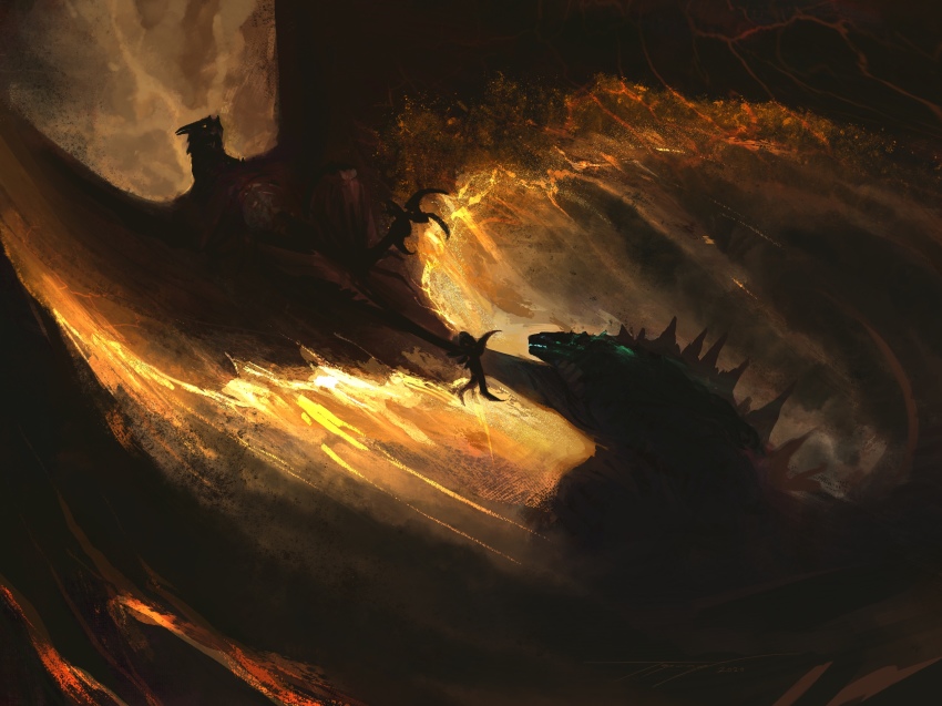 battle beak dark_background elemental_(creature) fangs fire_elemental glowing glowing_eyes glowing_mouth godzilla godzilla:_king_of_the_monsters godzilla_(monsterverse) godzilla_(series) grabbing highres horns kaiju legendary_pictures monster monsterverse rodan rodan_(monsterverse) spines talons tapwing toho wings