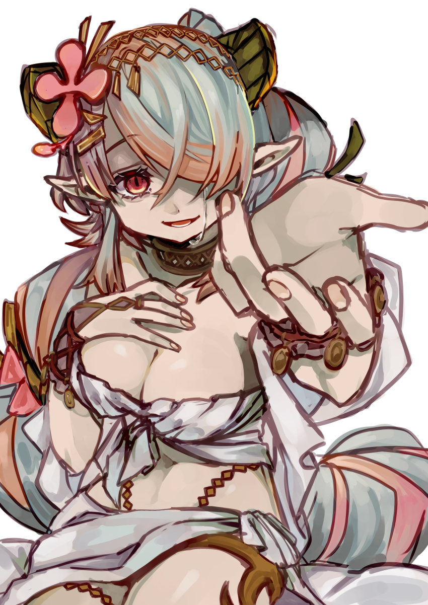 1girl absurdres breasts cleavage country_takeuchi crop_top duel_monster hair_over_one_eye highleg highleg_panties highres large_breasts looking_at_viewer midriff navel offering_hand panties pointy_ears ponytail red_eyes sitting solo tears traptrix_pinguicula underwear white_hair yu-gi-oh!
