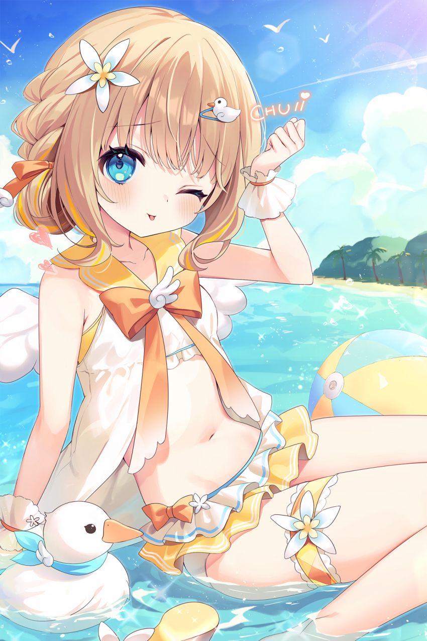 1girl ball bare_arms bare_legs bare_shoulders barefoot beachball bird blue_eyes blue_sky blush brown_hair cloud day duck flat_chest flower hair_flower hair_ornament hairclip highres looking_at_viewer navel ocean one_eye_closed open_mouth outdoors short_hair sky sleeveless solo stomach swimsuit thighs varium watamiya_ahiru water