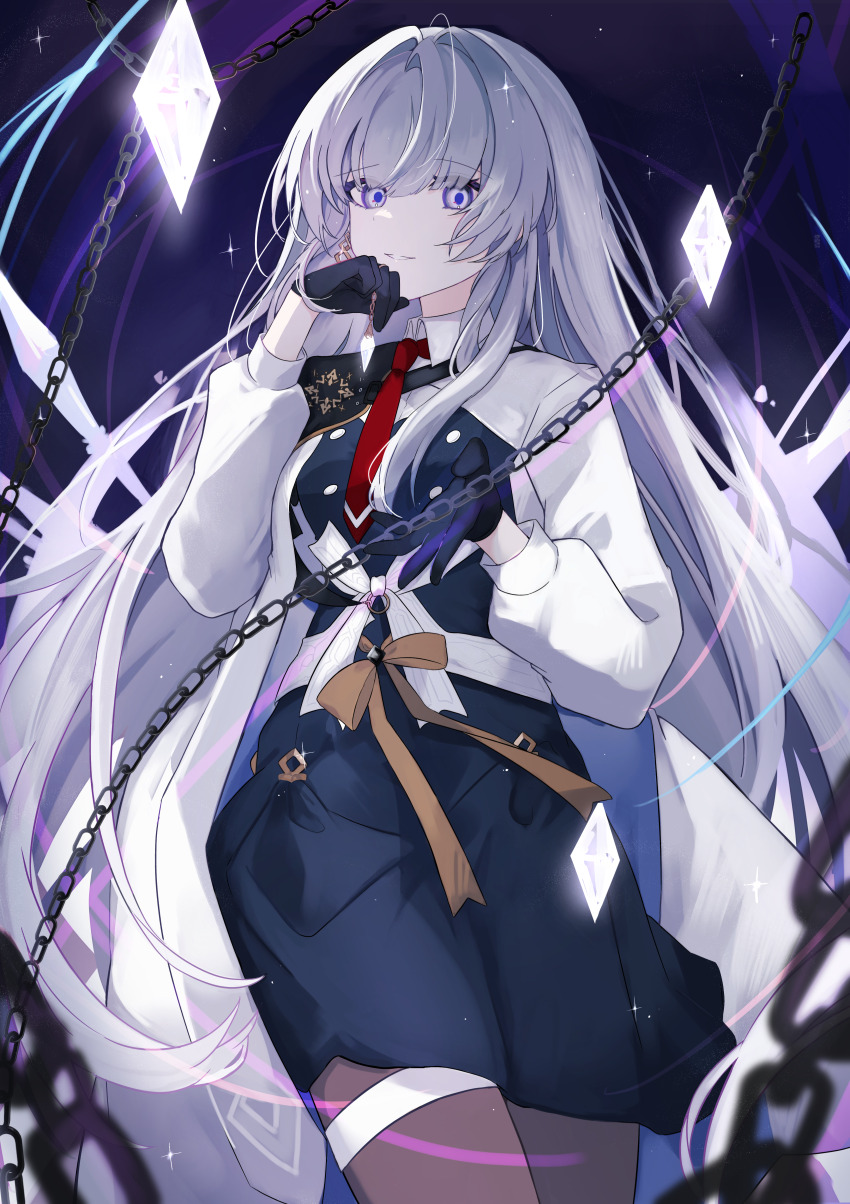 1girl absurdres arcaea black_gloves black_pantyhose black_skirt bow breasts buttons chain collared_shirt commentary_request crystal double-breasted earrings evil_grin evil_smile floating floating_object glint gloves glowing grin hair_between_eyes hand_up highres holding insight_(arcaea) jewelry long_sleeves looking_at_viewer mai_(ayamai2017) necktie night night_sky pantyhose parted_lips purple_eyes red_necktie shirt single_shoulder_pad skirt sky smile solo thigh_strap white_hair white_shirt yellow_bow