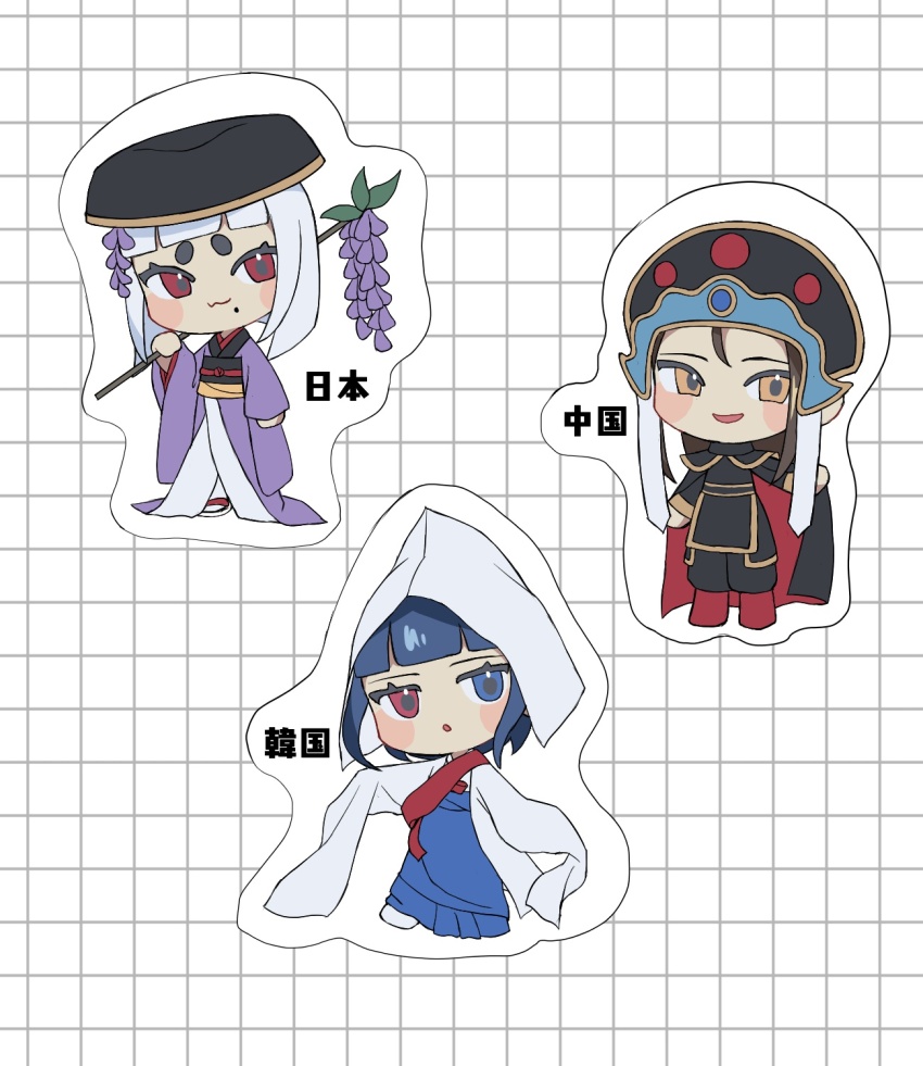3girls chibi china_(kuroussa) chinese_clothes hanbok hanfu hat highres japan_(kuroussa) japanese_clothes kimono korean_clothes kuroussa multiple_girls obi original purple_kimono red_shoes sash shoes south_korea_(kuroussa) yunjian