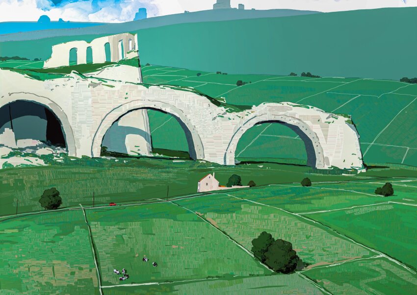 abandoned alariko aqueduct arch car cow farm grass highres hill house motor_vehicle mountainous_horizon no_humans original plant rock ruins rural scenery tree