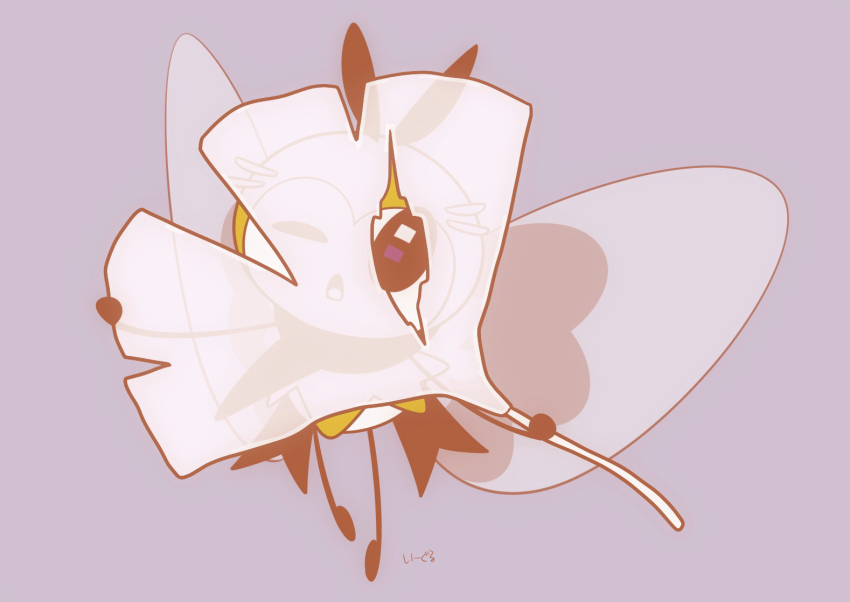 animal_focus black_eyes commentary eagle_(pixiv8177028) floating full_body game_freak gen_7_pokemon ginkgo_leaf grey_background leaf looking_at_viewer nintendo no_humans one_eye_closed open_mouth pokemon pokemon_(creature) ribombee signature simple_background solo