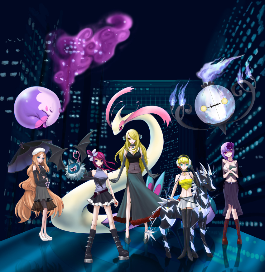 00s 10s 5girls alternate_costume bad_anatomy blue_fire caitlin_(pokemon) chandelure cynthia_(pokemon) elesa_(pokemon) elite_four fire gen_3_pokemon gen_5_pokemon gym_leader highres kurokikyo milotic multiple_girls munna musharna nintendo pokemon pokemon_(creature) pokemon_bw pokemon_dppt poorly_drawn shauntal_(pokemon) skyla_(pokemon) swoobat thighhighs zebstrika