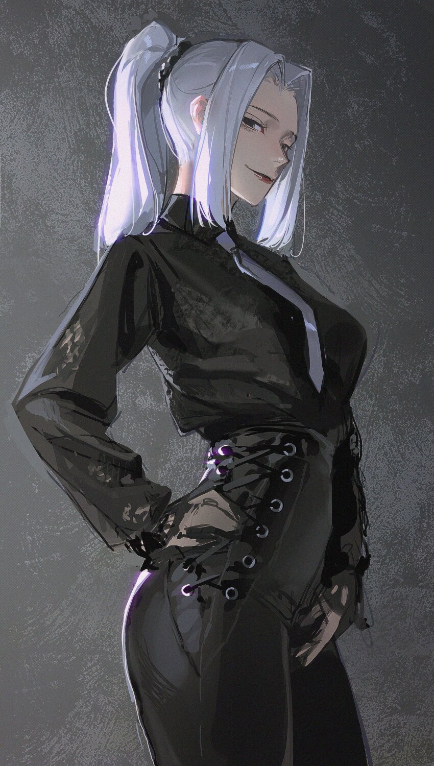 1girl absurdres black_eyes black_skirt contrapposto cowboy_shot formal_clothes grey_background grey_necktie hand_on_own_hip high-waist_pants highres jujutsu_kaisen limart lipstick long_hair long_sleeves looking_at_viewer makeup mei_mei_(jujutsu_kaisen) necktie pants parted_bangs ponytail red_lips simple_background skirt smile solo standing
