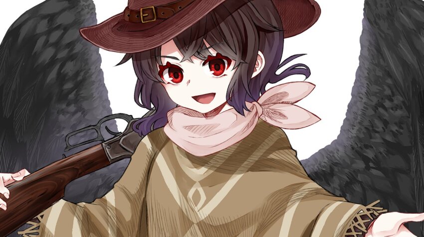 1girl :d bandana black_hair black_wings brown_poncho commentary_request cowboy_hat cowboy_western feathered_wings gun hat kurokoma_saki lever_action long_hair open_mouth pegasus_wings pink_bandana poncho red_eyes shotgun simple_background smile solo touhou upper_body weapon white_background winchester_model_1873 wings zetsumame