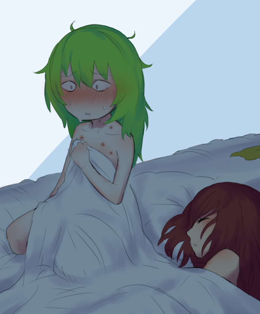2girls blush closed_eyes commentary_request constricted_pupils cookie_(touhou) daiyousei diyusi_(cookie) flat_chest full_body gaburin green_hair hickey highres long_hair messy_hair multiple_girls nose_blush on_bed onozuka_komachi open_mouth red_hair ruined_for_marriage shishou_(cookie) sitting sleeping touhou under_covers yuri