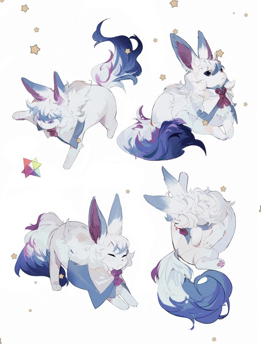 animal_focus blush commentary creature fate/grand_order fate_(series) fou_(fate) highres multiple_views neck_ribbon no_humans pink_ribbon ribbon saint_quartz_(fate) simple_background solo_focus star_(symbol) stretching tongue tongue_out white_background yukkuri_(fumoyun)