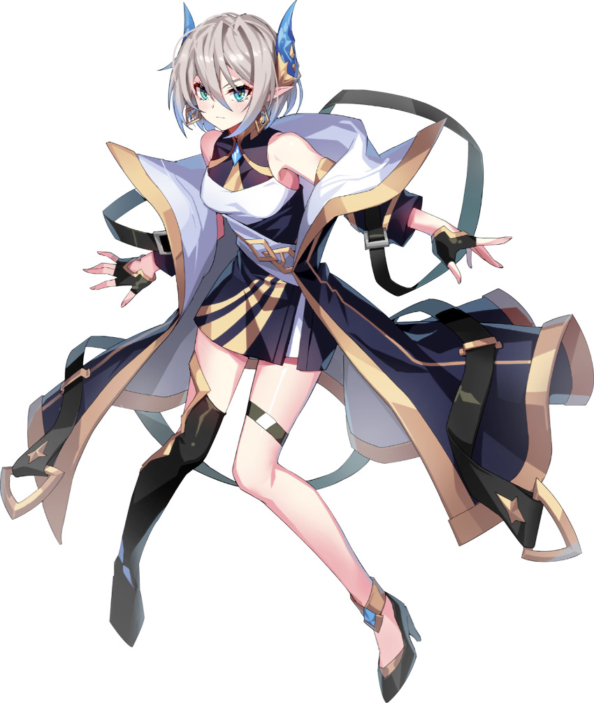 1girl absurdres anklet armpits bare_legs bare_shoulders black_coat black_dress black_gloves black_shoes black_thighhighs blue_eyes breasts brooch coat dragon_horns dress earrings fingerless_gloves full_body gloves gold_trim grand_chase grey_hair hair_between_eyes high_heels highres horns jewelry long_coat looking_at_viewer medium_breasts off_shoulder official_art open_clothes open_coat outstretched_arms pointy_ears sash shoes short_dress short_hair sidelocks single_thighhigh sleeveless sleeveless_dress slit_pupils solo thigh_strap thighhighs thighs tiamat_(grand_chase) transparent_background v-shaped_eyebrows