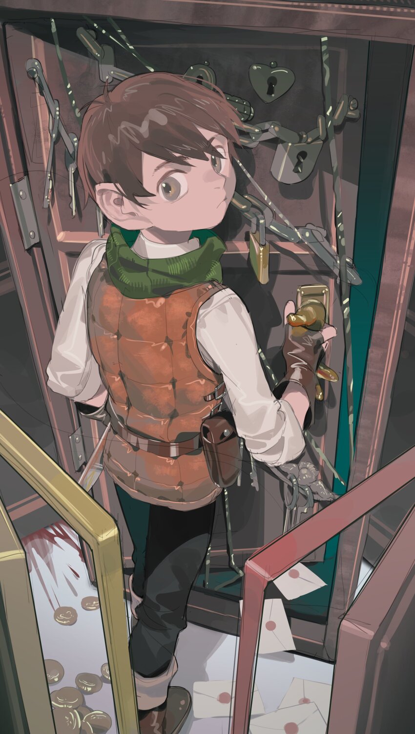 1boy absurdres back belt black_pants blood brown_belt brown_gloves brown_hair brown_shoes chilchuck_tims closed_mouth dungeon_meshi fingerless_gloves gloves highres lock looking_at_viewer looking_back male_focus omurice_(304975636) orange_vest pants pouch shirt shoes short_hair solo vest white_shirt