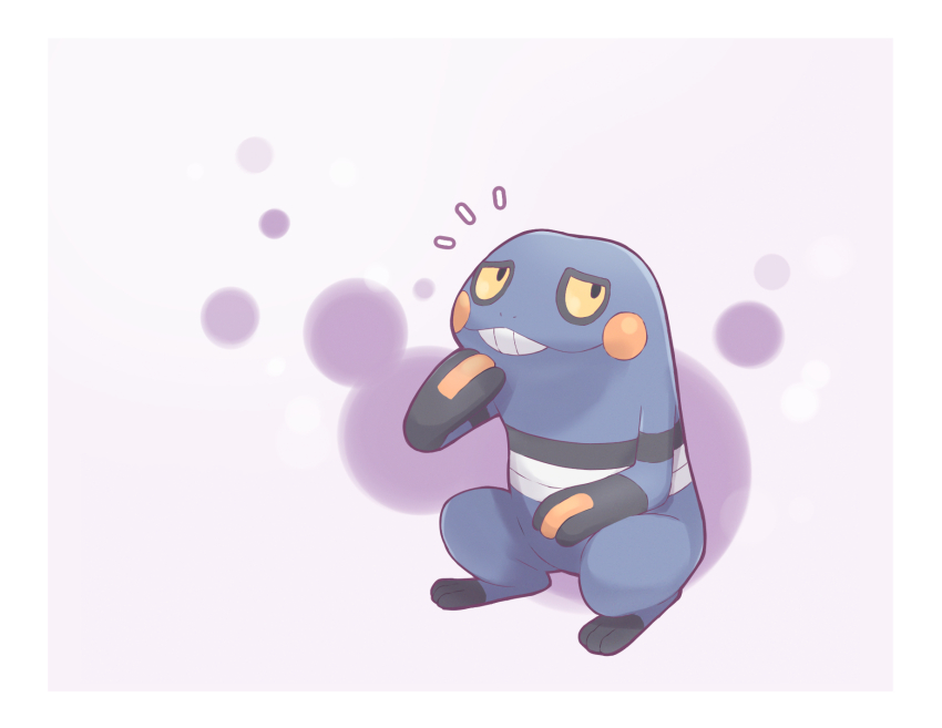 025sakura393 animal_focus commentary_request croagunk full_body gen_4_pokemon hand_up highres looking_up nintendo no_humans notice_lines pokemon pokemon_(creature) pokemon_focus solo teeth yellow_eyes