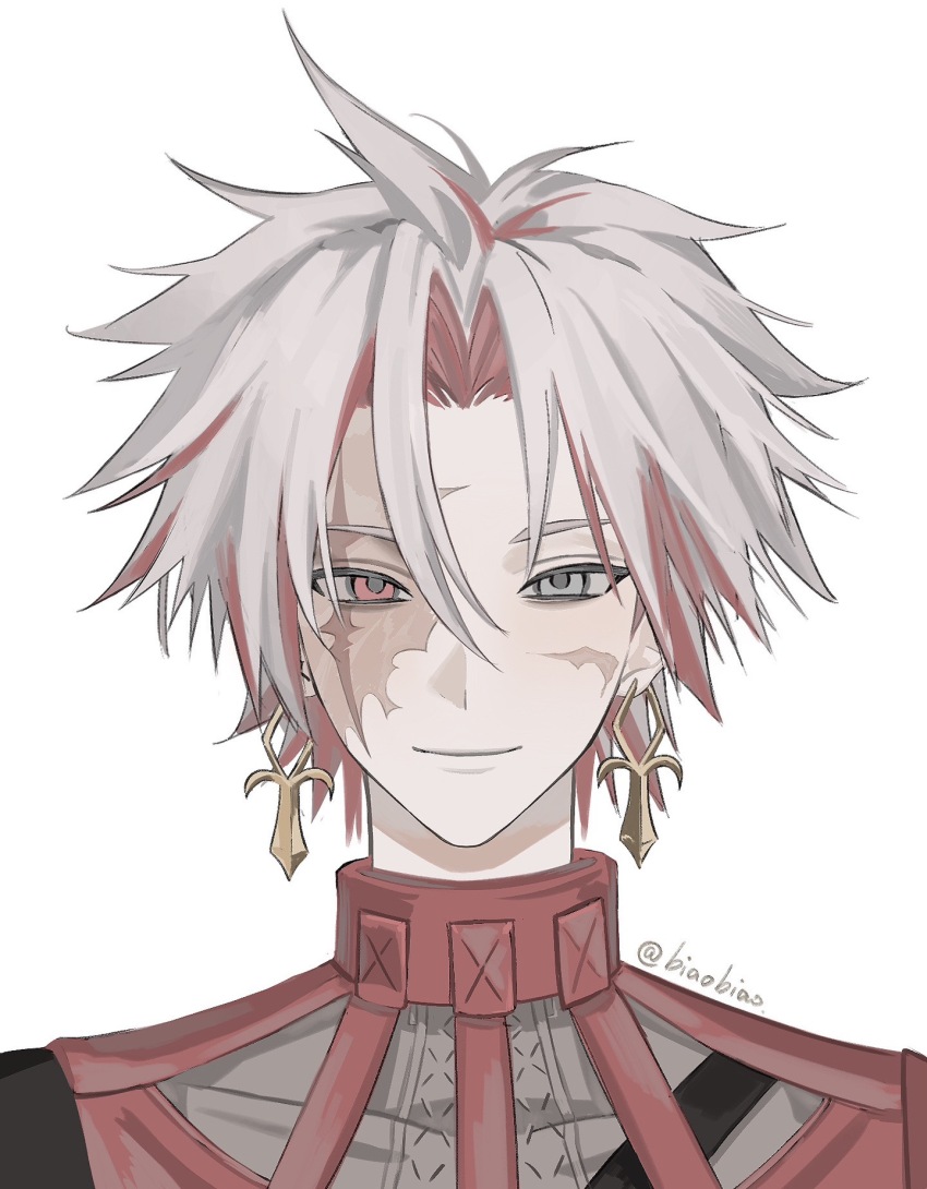 1boy ankh_earrings biaobiaojiang chinese_commentary closed_mouth commentary_request earrings grey_eyes grey_hair hair_between_eyes heterochromia highres jacket jewelry looking_at_viewer male_focus multicolored_hair portrait red_eyes red_hair scar scar_(wuthering_waves) scar_across_eye scar_on_face short_hair simple_background smile solo streaked_hair twitter_username two-tone_hair white_background white_hair wuthering_waves