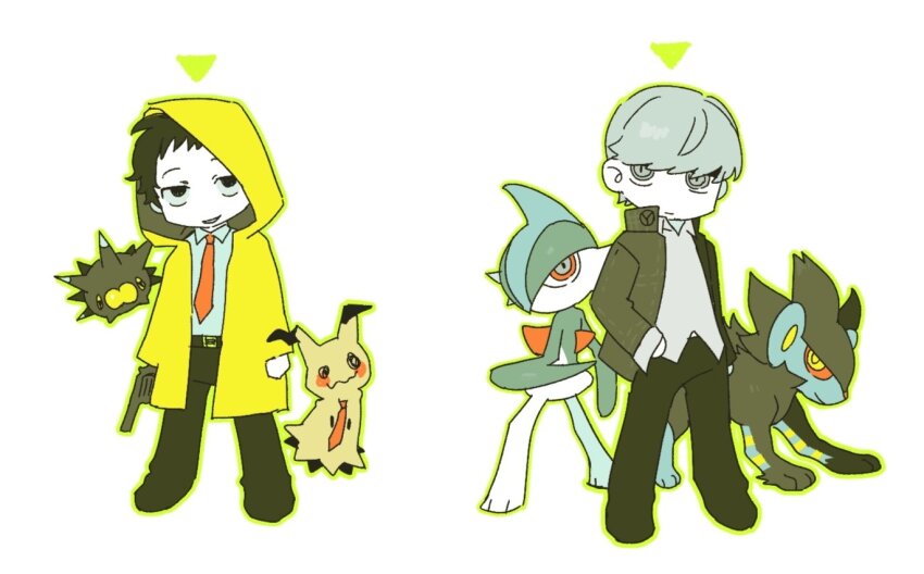adachi_tooru black_jacket black_pants closed_mouth collared_shirt full_body gallade gen_4_pokemon gen_7_pokemon gen_8_pokemon grey_eyes grey_hair gun hand_in_own_hair handgun holding holding_gun holding_weapon jacket looking_at_viewer luxray male_focus mimikyu narukami_yu pants persona persona_4 pincurchin pokemon raincoat revolver shirt simple_background smile standing weapon white-trick white_background white_shirt yellow_raincoat