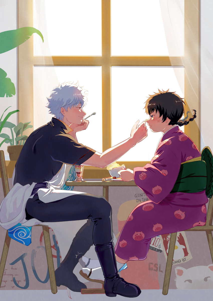 1boy 1girl absurdres black_boots black_hair black_pants black_shirt boots braid cccccchensilu chair commentary commentary_request curtains eating food food_on_face genderswap genderswap_(mtf) gintama green_sash grey_hair hadanugi_dousa hetero highres hijikata_tenko hijikata_toushirou holding holding_spoon ice_cream indoors japanese_clothes kimono long_sleeves looking_at_another male_focus mayonnaise obi on_chair open_kimono pants parfait plant potted_plant profile purple_kimono sakata_gintoki sandals sash shirt short_hair short_sleeves sitting spoon table twin_braids window