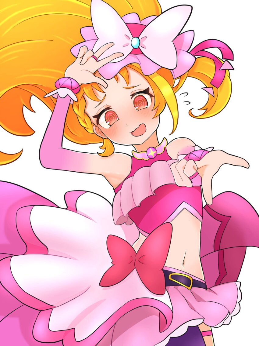 1boy @_@ asymmetrical_clothes bow bow_skirt butterfly_brooch butterfly_earrings butterfly_hat_ornament cosplay cowboy_shot crossdressing crossdressing_(mtf) cure_butterfly cure_butterfly_(cosplay) earrings embarrassed ewo_kakuo hat_ornament highres hirogaru_sky!_precure jewelry long_hair magical_boy midriff open_mouth pantyhose pink_skirt precure purple_pantyhose red_eyes single_leg_pantyhose skirt solo white_background yuunagi_tsubasa