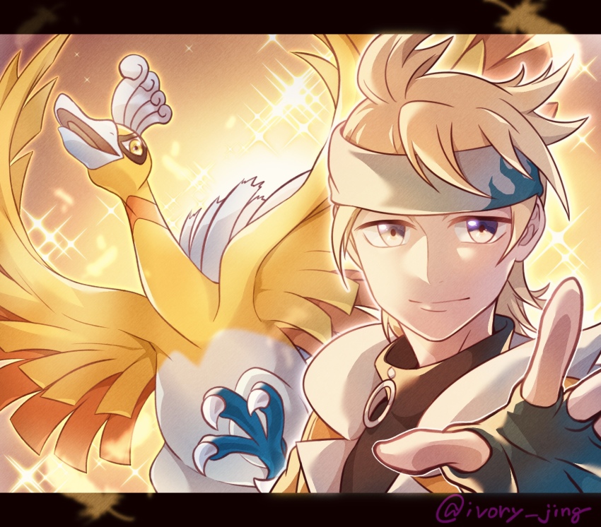 1boy alternate_color bird black_gloves blonde_hair closed_mouth commentary_request fingerless_gloves gen_2_pokemon gloves grey_headband headband highres ho-oh ivory_(25680nico) jacket legendary_pokemon letterboxed male_focus morty_(pokemon) morty_(sygna_suit)_(pokemon) nintendo official_alternate_costume pokemon pokemon_(creature) pokemon_masters_ex shiny_pokemon short_hair smile sparkle