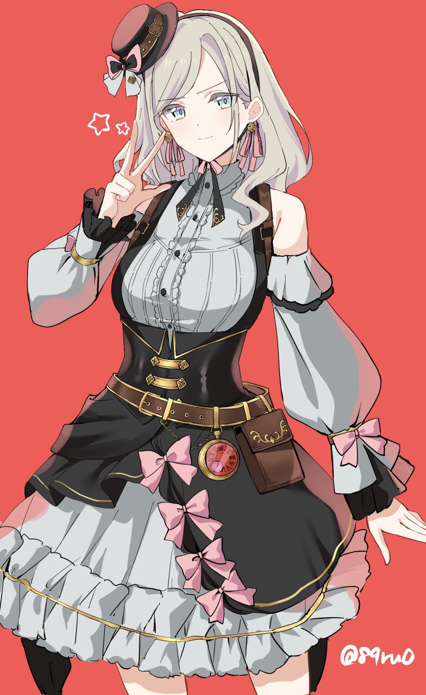 &gt;:) 1girl 89ru0 absurdres armpit_crease bare_shoulders belt blue_eyes blush breasts brown_belt brown_hairband ceras_yanagida_lilienfeld closed_mouth clothing_cutout collared_shirt commentary_request cowboy_shot frilled_shirt_collar frilled_skirt frills grey_hair grey_shirt grey_skirt hairband hat highres large_breasts link!_like!_love_live! long_sleeves looking_at_viewer love_live! official_alternate_costume puffy_long_sleeves puffy_sleeves red_background red_hat retrofuture_(love_live!) shirt shoulder_cutout simple_background skirt smile solo split_mouth standing star_(symbol) steampunk swept_bangs twitter_username underbust utility_belt v-shaped_eyebrows virtual_youtuber w wavy_hair