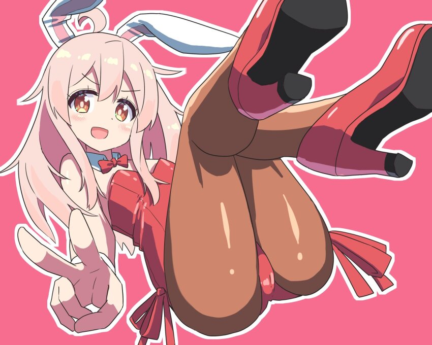 1girl :d ahoge animal_ears bare_arms bare_shoulders brown_eyes brown_pantyhose changaa commentary detached_collar flat_chest full_body high_heels highres leotard light_blush long_hair looking_at_viewer onii-chan_wa_oshimai! open_mouth outline oyama_mahiro pantyhose pink_hair playboy_bunny rabbit_ears red_background red_leotard red_shoes shoes side-tie_leotard simple_background smile solo strapless strapless_leotard v white_outline wrist_cuffs