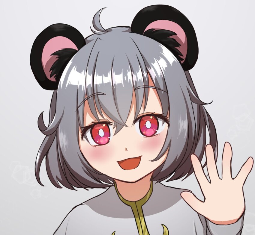 1girl ahoge animal_ears blush bright_pupils commentary cookie_(touhou) grey_background grey_hair grey_shirt highres long_sleeves looking_at_viewer mouse_ears mouse_girl nanariku nazrin nyon_(cookie) open_mouth shirt short_hair simple_background smile solo touhou upper_body waving white_pupils