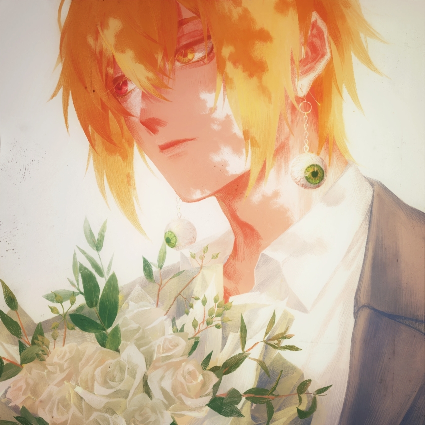 1boy black_jacket blonde_hair bouquet chain chain_earrings collared_shirt crossed_bangs donglang04787 earrings eyeball eyeball_earrings flower from_below gradient_background hair_between_eyes highres holding holding_bouquet jacket jewelry looking_to_the_side male_focus pandora_hearts plant portrait rose shirt short_hair sidelocks simple_background solo three_quarter_view twig vincent_nightray white_background white_flower white_hair white_rose white_shirt