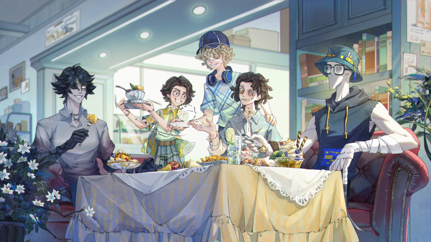 5boys afterimage ahoge alternate_costume apple aqua_hat aqua_shirt bald bandage_over_one_eye bandaged_arm bandages baseball_cap bespectacled black_hair black_hoodie blank_eyes blonde_hair blue_hat blue_jacket blue_pants blue_shirt blueberry bookshelf bowl brown_eyes brown_hair bucket_hat button_eyes buttons cake candy casual ceiling_light cherry chocolate chocolate_bar closed_mouth collared_jacket collared_shirt colored_skin couch cup dengyuantai doll_joints drawstring dress_shirt drink drinking_glass eating flipped_hair florian_brand flower food food_theft fool&#039;s_gold_(identity_v) fork french_fries fruit garnish glasses grey_shirt grey_skin grin hair_over_one_eye hand_on_another&#039;s_shoulder hat headphones headphones_around_neck highres holding holding_fork holding_spoon holding_tray hollow_eyes hood hood_down hoodie ice ice_cube identity_v indoors jack_(identity_v) jacket jewelry joints ketchup layered_sleeves lime_(fruit) lime_slice long_sleeves looking_at_another louis_(identity_v) male_focus matthias_czernin mechanical_arms multiple_boys necklace no_mouth official_art one-eyed open_clothes open_jacket orange_(fruit) orange_slice pants parfait parted_bangs plant poster_(object) potted_plant pudding pudding_a_la_mode puppet sandwich scar scar_on_face shirt short_hair short_over_long_sleeves short_sleeves sitting sleeveless sleeveless_hoodie smile spoon standing stitched_eye stitched_mouth stitches strawberry striped_clothes striped_pants striped_shirt swiss_roll t-shirt table tablecloth tray upper_body wafer_stick wavy_hair whipped_cream white_flower white_shirt white_skin window yellow_eyes yellow_jacket