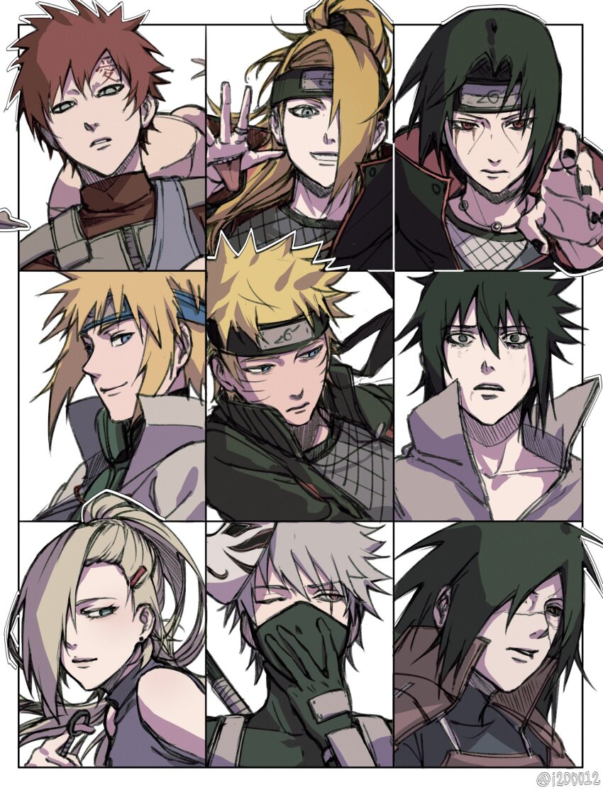 1girl 6+boys akatsuki_uniform black_gloves black_hair black_mask black_nails black_sclera blonde_hair blood bloody_tears blue_eyes closed_mouth collarbone colored_sclera deidara_(naruto) earrings edo_tensei facial_mark fishnet_top fishnets forehead_protector fox_mask gaara_(naruto) gloves grey_hair grin hair_ornament hair_over_one_eye hairpin hand_mouth hand_on_own_face hand_up hashtag-only_commentary hatake_kakashi high_collar high_ponytail highres i2d0012 iwagakure_symbol jacket jewelry konohagakure_anbu_uniform konohagakure_symbol kunai long_hair looking_at_viewer mangekyou_sharingan mask mask_on_head mouth_mask multiple_boys namikaze_minato naruto_(classic) naruto_(series) naruto_shippuuden necklace ninja ninja_mask one_eye_closed one_eye_covered open_clothes open_jacket parted_lips ponytail red_hair ring sharingan short_hair smile spiked_hair stud_earrings sword sword_on_back twitter_username uchiha_itachi uchiha_madara uchiha_sasuke uzumaki_naruto very_short_hair weapon weapon_on_back whisker_markings yamanaka_ino