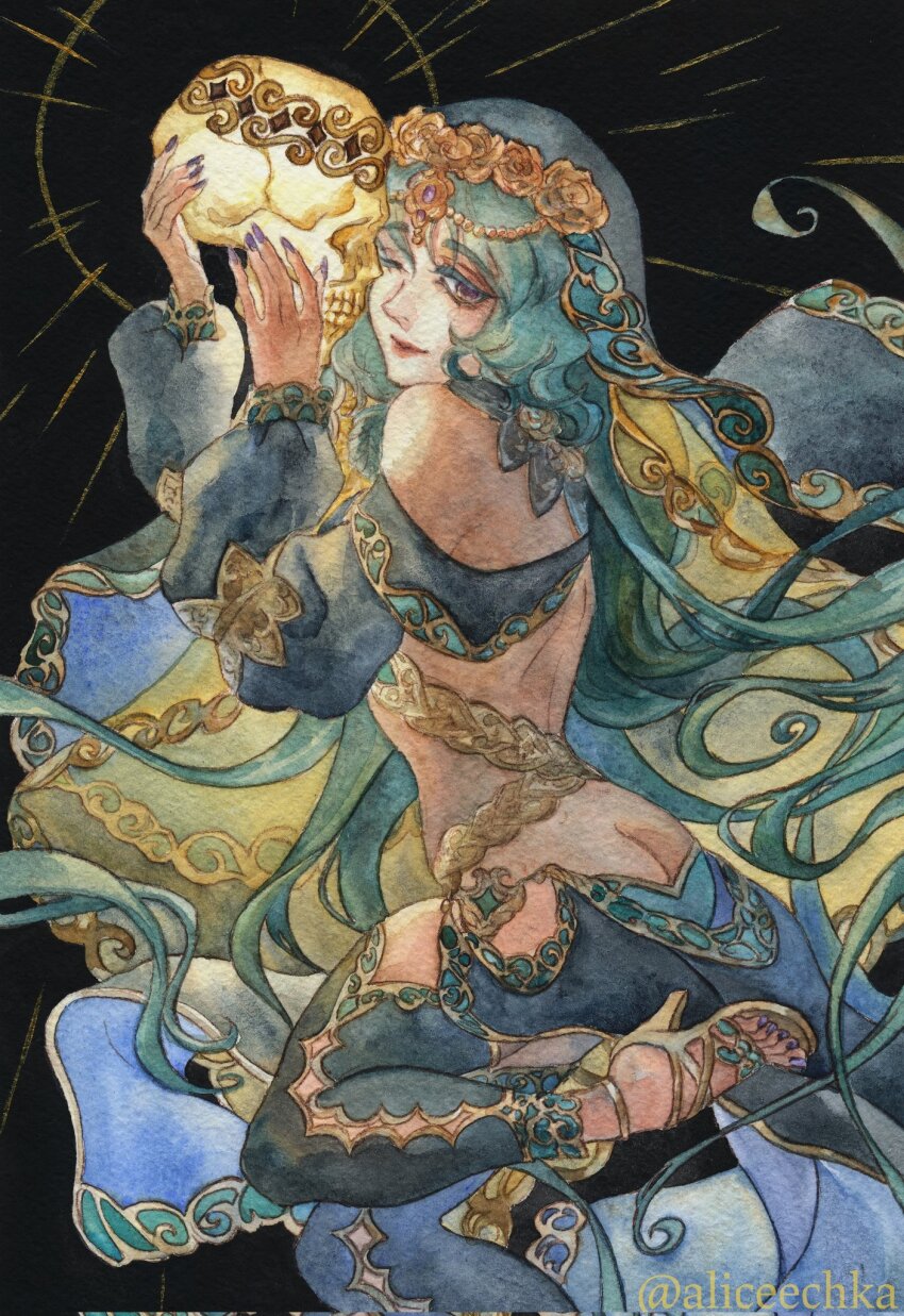 1girl aliceechka arabian_clothes ass bare_shoulders black_background brown_eyes butt_crack circlet fate/grand_order fate_(series) female_focus from_behind glowing gold_footwear gold_trim green_hair green_shirt high_heels highres holding holding_skull leg_up long_hair long_sleeves looking_back looking_over_shoulder nail_polish one_eye_closed painting_(medium) salome_(fate) shirt skull solo toenail_polish toenails traditional_media twitter_username veil watercolor_(medium)