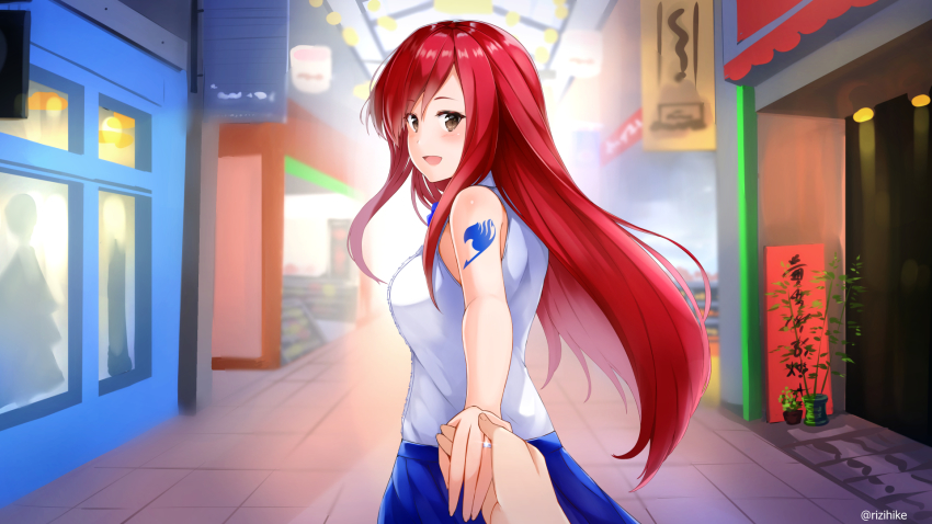 brown_eyes erza_scarlet fairy_tail holding_hands highres jewelry long_hair mall pov red_hair ring rizihike shopping_centre skirt smile tattoo