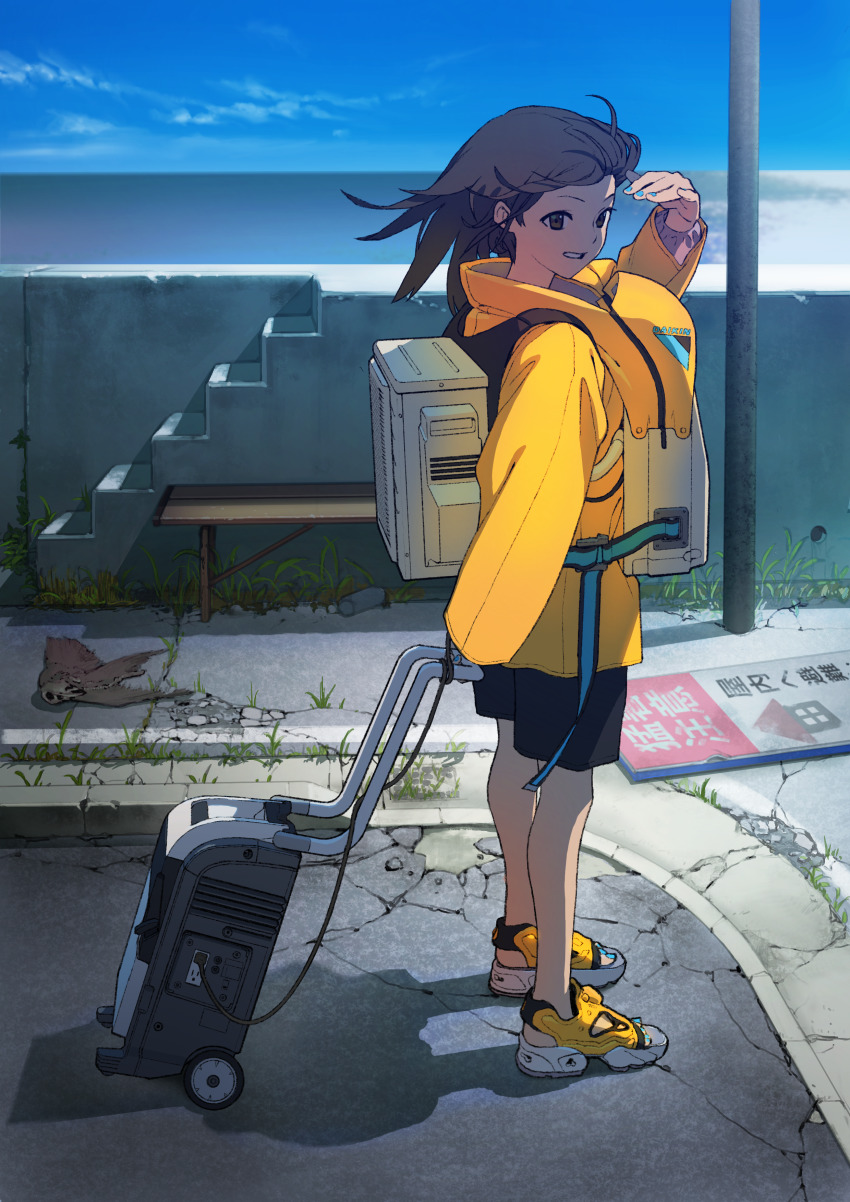 1girl absurdres air_conditioner aqua_nails bench bird black_hair black_shorts blue_nails blue_sky brown_eyes cable coat commentary_request concrete crack cracked_floor day dead_animal electrical_outlet from_side full_body generator grass hand_up highres holding horizon long_hair long_sleeves looking_at_viewer match_(idleslumber) nail_polish no_socks original outdoors parted_lips reebok reebok_pump sandals shading_eyes shadow shoes shorts sign sky sleeves_past_wrists smile sneakers solo stairs standing sunlight table teeth toenail_polish toenails translation_request wall water wind yellow_coat yellow_sandals