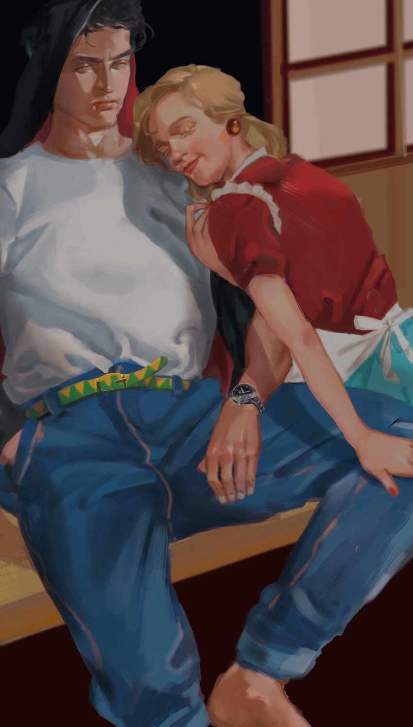 1boy 1girl apron barefoot belt black_hair blonde_hair blue_pants closed_eyes coat commentary_request danart14020 eyelashes hand_in_pocket highres indoors jewelry jojo_no_kimyou_na_bouken kuujou_holly kuujou_joutarou lips long_hair mature_female mother_and_son pants realistic red_lips red_nails shirt short_hair short_sleeves smile stardust_crusaders watch white_apron white_shirt wristwatch