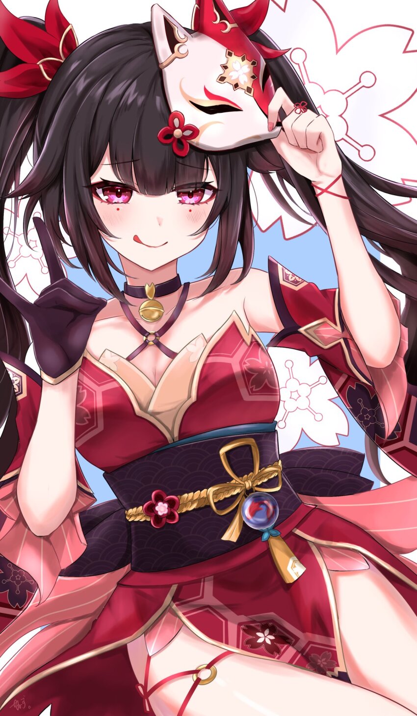 1girl arm_ribbon back_bow bare_shoulders bell black_bow black_choker black_gloves black_hair blue_background blunt_bangs blush bow breasts butterfly-shaped_pupils choker closed_mouth collarbone cowboy_shot detached_sleeves dress eyeshadow fingernails floral_background floral_print flower_knot flower_ornament fox_mask fox_shadow_puppet gloves hair_between_eyes hair_ornament hands_up highres holding holding_mask honeycomb_(pattern) honkai:_star_rail honkai_(series) kikkoumon long_hair makeup mask mask_on_head medium_breasts mole mole_under_each_eye mole_under_eye multiple_moles nail_polish neck_bell o-ring o-ring_thigh_strap obijime pink_nails pink_pupils red_dress red_eyes red_eyeshadow red_sleeves ribbon seigaiha short_sleeves sidelocks single_glove sleeveless sleeveless_dress smile solo sparkle_(honkai:_star_rail) symbol-shaped_pupils thigh_strap thighs tiizumaru98 tongue tongue_out twintails yellow_ribbon