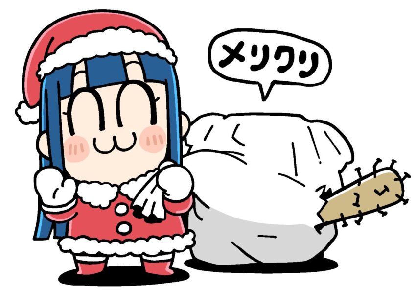2girls :3 bag baseball_bat bkub blue_hair blush_stickers closed_eyes coat fur-trimmed_coat fur-trimmed_headwear fur_trim gloves happy hat hiding holding holding_bag long_hair multiple_girls nail nail_(hardware) nail_bat pipimi poptepipic popuko red_coat red_footwear red_hat santa_hat sidelocks simple_background speech_bubble standing torn_bag translation_request waving weapon white_background white_gloves