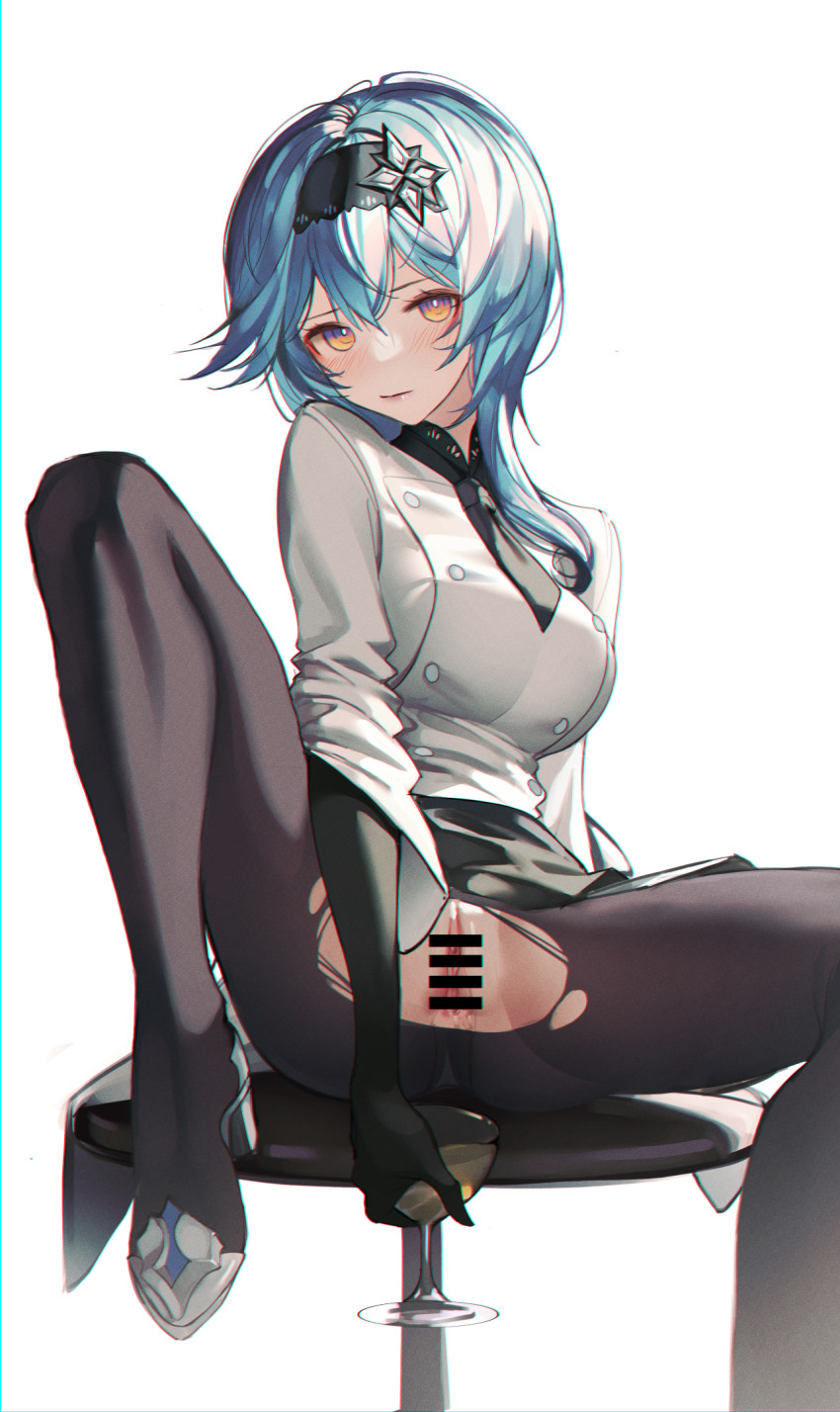 1girl bar_censor black_hairband blue_hair blush breasts censored chef clitoris cup eula_(genshin_impact) genshin_impact gloves hair_ornament hairband high_heels highres holding holding_cup iumu large_breasts looking_at_viewer medium_hair necktie pantyhose peeing peeing_in_cup pointless_censoring pussy skirt solo thighhighs torn_clothes torn_pantyhose white_background