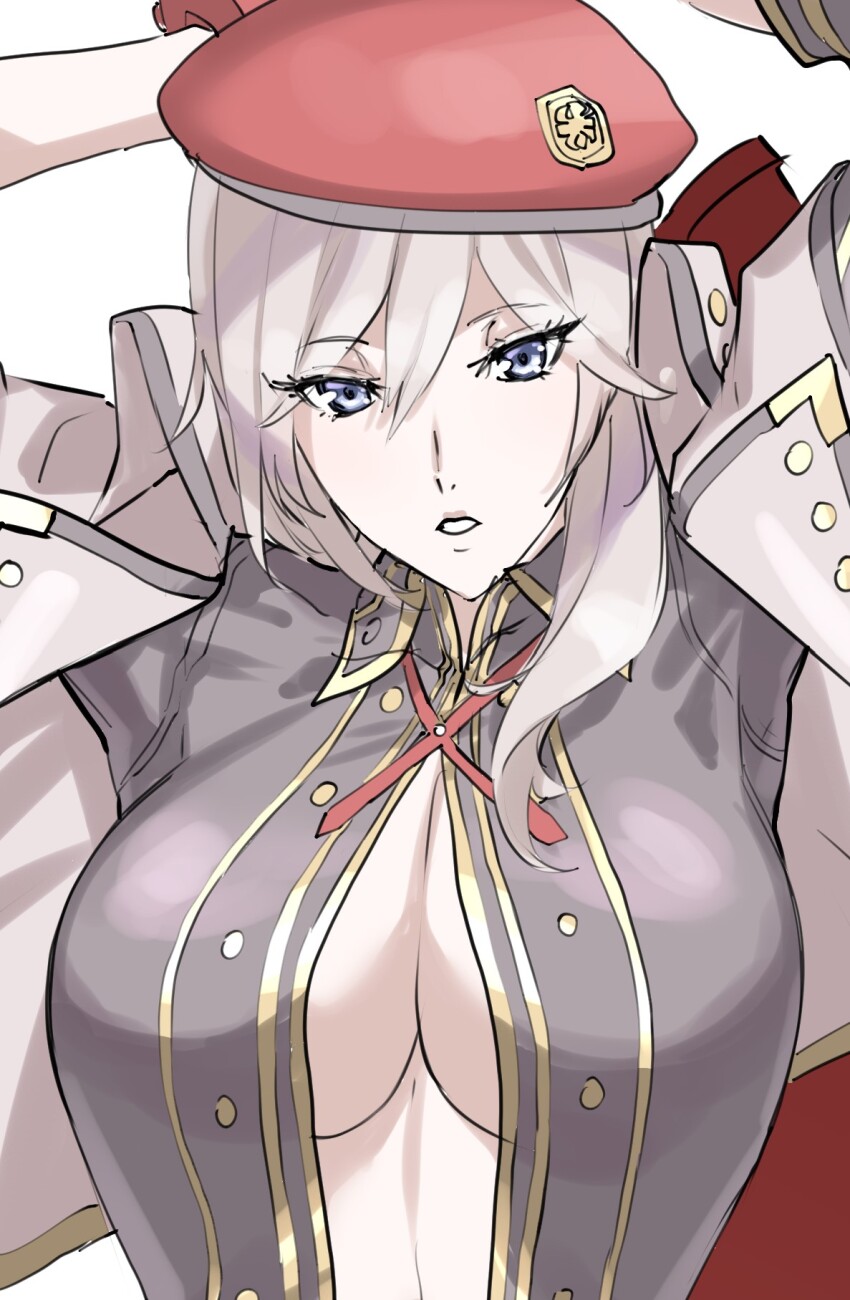 1girl alisa_ilinichina_amiella beret black_shirt blue_eyes bracer breasts cleavage coat god_eater grey_hair hat highres large_breasts long_hair mogi_yasunobu shirt white_coat