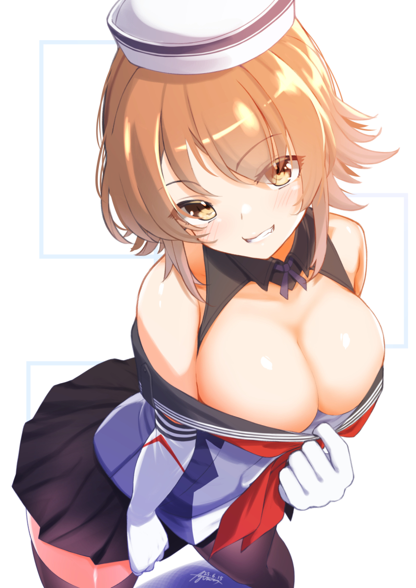 1girl ayuman black_sailor_collar black_skirt black_thighhighs breasts brown_eyes brown_hair dixie_cup_hat elbow_gloves flipped_hair gloves hat highres kantai_collection large_breasts looking_at_viewer military_hat miniskirt neckerchief off-shoulder_shirt off_shoulder pleated_skirt red_neckerchief richard_p._leary_(kancolle) sailor_collar shirt short_hair skirt smile solo thighhighs white_gloves white_hat