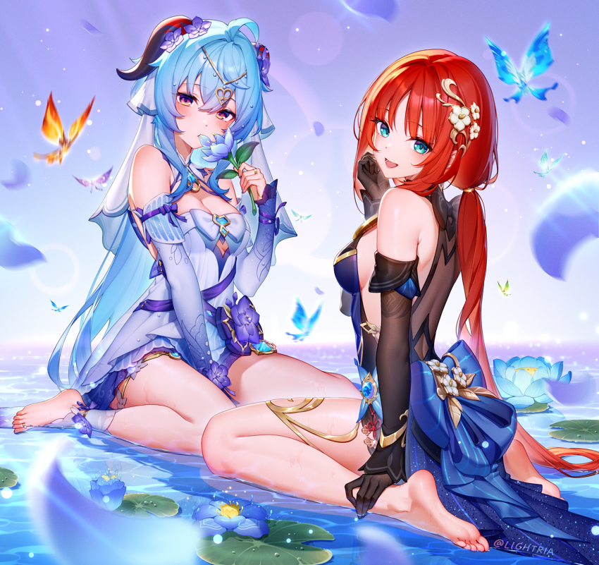 2girls :d ahoge aqua_eyes bare_shoulders barefoot black_gloves blue_dress blue_flower blue_hair blush breasts chinese_commentary cleavage commentary_request cosplay detached_sleeves dress feet flower ganyu_(genshin_impact) ganyu_(genshin_impact)_(cosplay) ganyu_(twilight_blossom)_(genshin_impact) genshin_impact gloves hair_between_eyes hair_flower hair_intakes hair_ornament hair_ribbon halter_dress halterneck hand_up hands_on_feet head_tilt highres holding holding_flower horns jewelry lightria long_hair long_sleeves looking_at_viewer medium_breasts mouth_hold multiple_girls nilou_(breeze_of_sabaa)_(genshin_impact) nilou_(genshin_impact) nilou_(genshin_impact)_(cosplay) open_mouth petals purple_eyes purple_flower red_hair ribbon ring sitting sleeveless sleeveless_dress smile soles thighs toes very_long_hair wariza white_ribbon