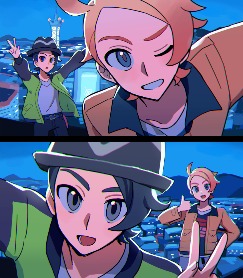 2boys belt belt_buckle black_hat black_pants blue_eyes blue_pants brown_jacket buckle cityscape collared_jacket commentary_request grin hat highres jacket kuru_(4rfw7) long_sleeves lower_teeth_only male_focus mountainous_horizon multiple_boys night night_sky nintendo one_eye_closed open_mouth outstretched_arms pants paxton_(pokemon) pink_hair pokemon pokemon_legends:_z-a print_shirt shirt shirt_tucked_in sky smile teeth thumbs_up urbain_(pokemon) v v-neck white_shirt wing_collar