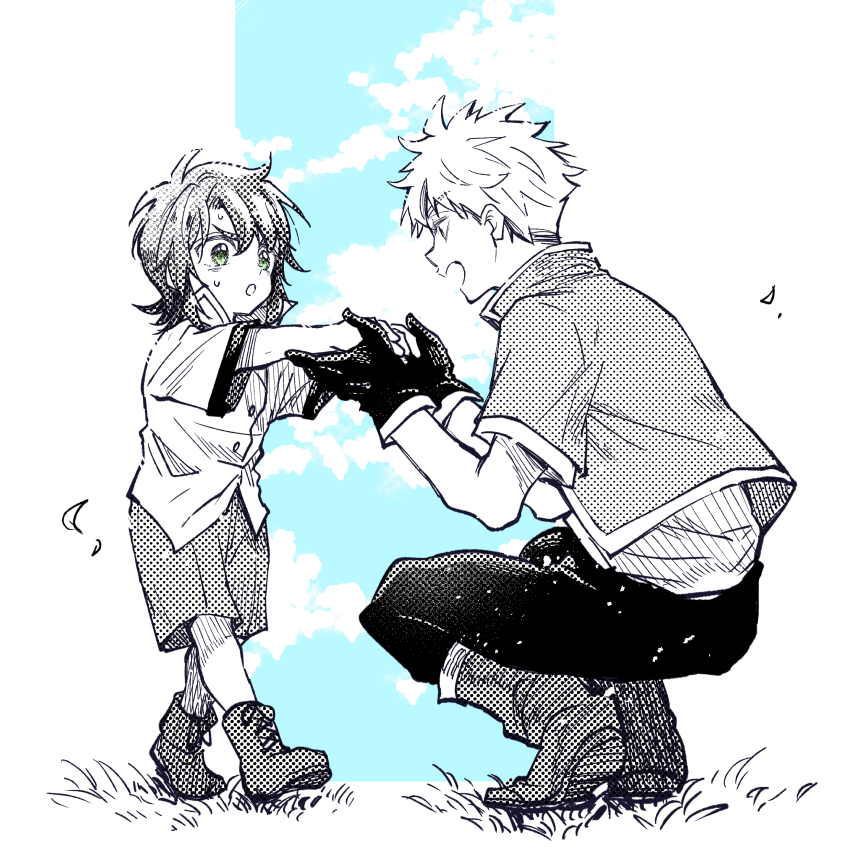 2boys absurdres aged_down blue_sky boots child cloud cloudy_sky full_body gloves grass green_eyes guy_cecil highres holding_hands jacket kudou_makoto looking_at_another luke_fon_fabre multiple_boys open_mouth pants partially_colored shirt short_hair shorts sky tales_of_(series) tales_of_the_abyss