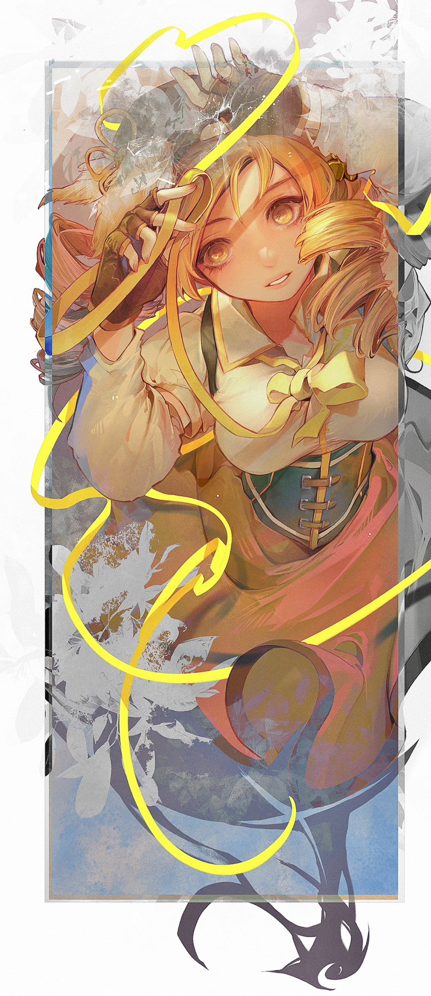 1girl absurdres black_hat blonde_hair detached_sleeves drill_hair fingerless_gloves gloves hat highres looking_at_viewer mahou_shoujo_madoka_magica medium_hair skirt solo stepcacc tomoe_mami tomoe_mami_(magical_girl) yellow_eyes yellow_skirt