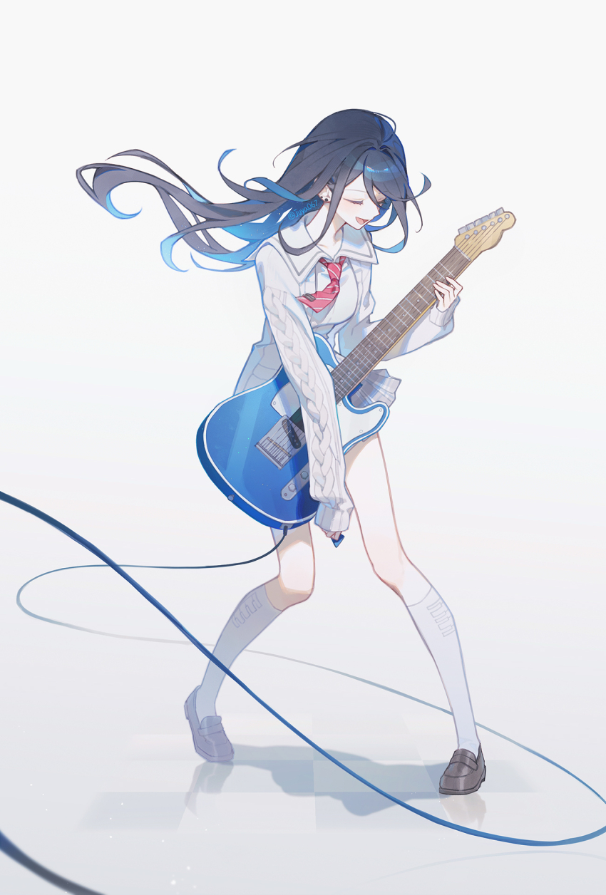 1girl audio_cable black_hair blue_hair breasts brown_shoes cable_knit cardigan closed_eyes collarbone colored_inner_hair colorful_festival_(project_sekai) diagonal-striped_clothes diagonal-striped_necktie earrings electric_guitar fender_telecaster floating_hair full_body guitar highres holding holding_plectrum hoshino_ichika_(project_sekai) instrument jewelry juya067 kneehighs long_hair long_sleeves medium_breasts miniskirt multicolored_hair music necktie official_alternate_costume open_cardigan open_clothes open_mouth piano_print plaid_clothes plaid_skirt playing_guitar playing_instrument plectrum project_sekai red_necktie shadow shirt shoes simple_background singing skirt sleeves_past_wrists socks solo standing striped_clothes tie_clip tile_floor tiles twitter_username white_cardigan white_shirt white_skirt white_socks