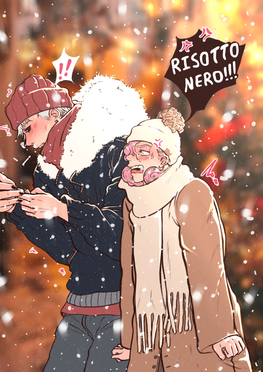! !! 2boys absurdres anger_vein annoyed bacchyarts black_nails black_sclera blush christmas cigarette coat colored_sclera couple english_text freckles hat highres holding holding_lighter jacket jojo_no_kimyou_na_bouken lighter long_hair long_sleeves looking_at_another male_focus multiple_boys open_mouth outdoors pants pink_hair risotto_nero scarf screaming snow snowing speech_bubble surprised vento_aureo vinegar_doppio white_hair winter_clothes yaoi yellow_eyes