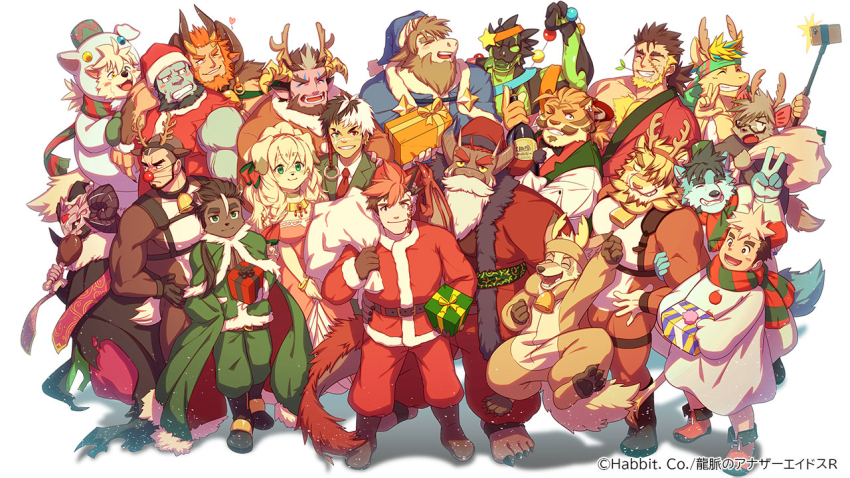 1girl 6+boys ^_^ alternate_costume animal_costume another_eidos-r antlers arm_around_shoulder azmond_(another_eidos) bara barboros_(another_eidos) beard bell blue_fur blush blush_stickers bottle box character_request cheek-to-cheek chest_hair closed_eyes colored_skin costume_request covered_erect_nipples curled_horns deer_boy deer_tail demon_boy dog_boy dragon_boy dragon_horns dragon_tail edgar_(another_eidos) elaine_(another_eidos) facial_hair fake_beard fake_facial_hair forked_eyebrows forte_(another_eidos) from_above fu_(another_eidos) full_body furry furry_female furry_male gaia_(another_eidos) gift gift_bag gift_box glasses grin group_picture happy hat heads_together heart height_difference horns horse_boy index_fingers_together jinnosuke_(another_eidos) jumping large_pectorals long_beard male_focus mature_male multicolored_hair multiple_boys multiple_horns muscular muscular_male mustache neck_bell one_eye_closed pectorals pink_skin rai_(another_eidos) reindeer_antlers reindeer_costume santa_costume santa_hat short_hair sideburns smile stalon_(another_eidos) standing tail thick_eyebrows tiger_boy two-tone_hair v waku_(ayamix) wine_bottle wrecker_(another_eidos) yellow_fur