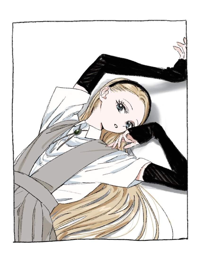 1girl arm_up black_hairband blonde_hair blue_eyes bolo_tie border collared_shirt commentary_request detached_sleeves dress fuyuki_manon_(gomibako_(gomibako_price)) gomibako_(gomibako_price) grey_dress hair_spread_out hairband hand_on_own_cheek hand_on_own_face highres layered_sleeves long_hair long_sleeves looking_at_viewer lying on_back original parted_lips pinafore_dress shadow shirt short_over_long_sleeves short_sleeves simple_background sleeveless sleeveless_dress solo swept_bangs white_background white_border white_shirt