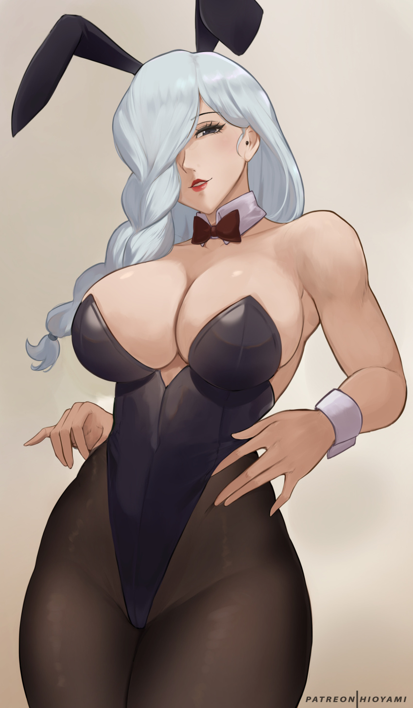 1girl absurdres animal_ears artist_name bare_shoulders black_leotard bow bowtie braid braided_bangs breasts brown_pantyhose cleavage detached_collar fake_animal_ears grey_eyes hair_over_one_eye highleg highleg_leotard highres hioyami jujutsu_kaisen large_breasts leotard long_hair looking_at_viewer mei_mei_(jujutsu_kaisen) pantyhose patreon_username playboy_bunny rabbit_ears smile solo thighs white_hair wrist_cuffs