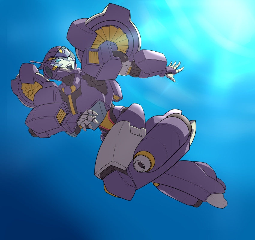 1girl absurdres autobot boca_tc highres looking_up mecha mecha_focus nautica_(transformers) open_hands open_mouth purple_lips radio_antenna robot science_fiction smile solo the_transformers_(idw) transformers underwater