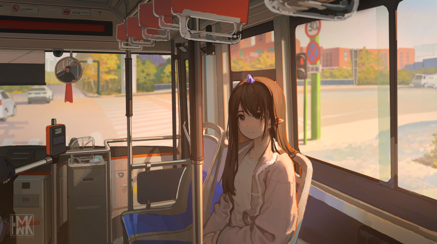 1girl 1other absurdres brown_eyes brown_hair brown_jacket building bus bus_interior closed_mouth commentary_request elf hair_spread_out highres horns hua_ming_wink jacket long_hair looking_at_viewer mirror motor_vehicle original pointy_ears road road_sign shirt sign single_horn sitting smile traffic_light