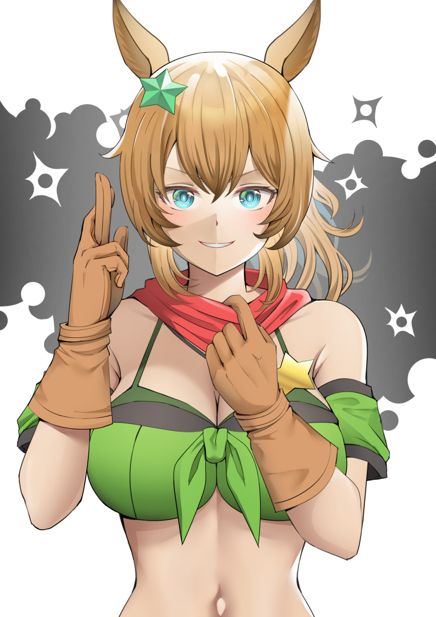 1girl animal_ears arki_arasy bandeau bare_shoulders bikini bikini_under_clothes blue_eyes breasts brown_gloves brown_hair cleavage commentary_request detached_sleeves domain_expansion gloves grin hair_ornament highres horse_ears horse_girl jujutsu_kaisen large_breasts long_hair looking_at_viewer midriff navel parody pun red_scarf scarf short_sleeves smile solo star_(symbol) star_hair_ornament stomach swimsuit taiki_shuttle_(umamusume) umamusume upper_body white_background