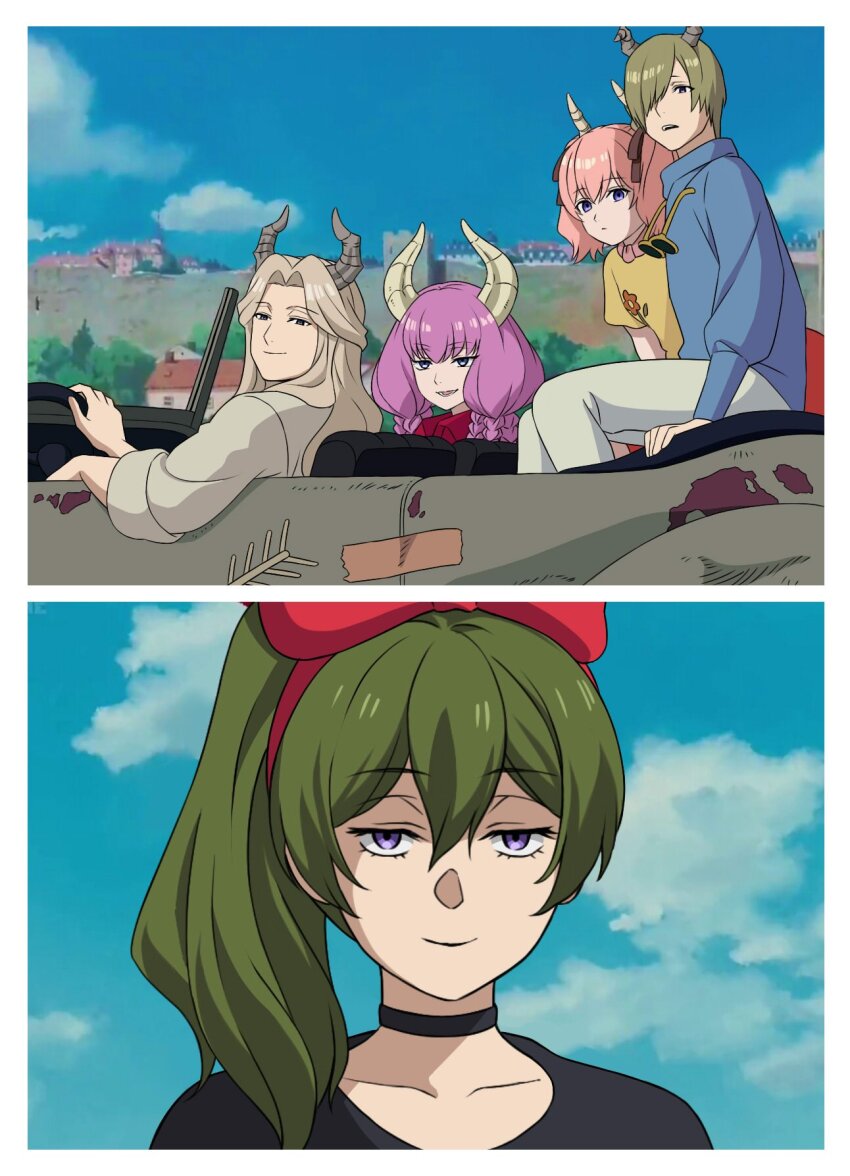 2boys 3girls aura_(sousou_no_frieren) black_choker black_dress blue_sky bow building car choker closed_mouth cloud collarbone commentary cosplay cumulonimbus_cloud day demon_boy demon_girl demon_horns draht_(sousou_no_frieren) dress driving green_hair hair_between_eyes hair_bow hair_ribbon hairband highres horns jitome kiki_(majo_no_takkyuubin) kiki_(majo_no_takkyuubin)_(cosplay) light_smile linie_(sousou_no_frieren) long_hair looking_at_viewer lugner_(sousou_no_frieren) majo_no_takkyuubin motor_vehicle multiple_boys multiple_girls outdoors red_bow red_hairband red_ribbon ribbon sanpaku scene_reference side_ponytail sitting sky sousou_no_frieren syaparinton town ubel_(sousou_no_frieren)