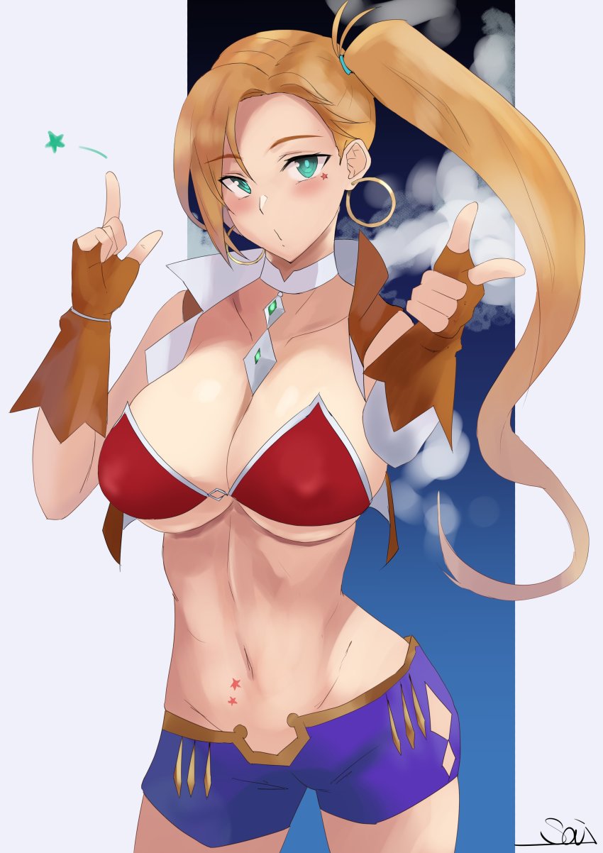 1girl absurdres bare_shoulders bikini blonde_hair blue_shorts blush breasts brown_gloves brown_vest calamity_jane_(fate) calamity_jane_(first_ascension)_(fate) cleavage collarbone cropped_vest double_finger_gun earrings elbow_gloves fate/grand_order fate_(series) finger_gun fingerless_gloves forehead gloves green_eyes highres hoop_earrings jewelry large_breasts long_hair looking_at_viewer navel neck_ring open_clothes open_mouth open_vest parted_bangs red_bikini s4ika shorts side_ponytail solo star_tattoo swimsuit tattoo thighs vest
